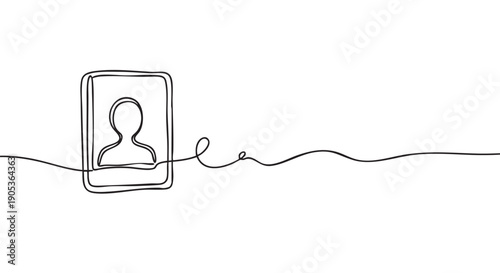 Minimalist continuous line drawing of a user profile icon, framed within a rectangle, with the single black line extending horizontally in a wavy pattern