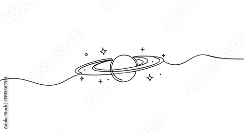 Minimalist continuous line art drawing of a ringed planet, like Saturn, with small stars and dots, connected by a flowing wavy line, creating a clean, modern, and elegant black and white illustration