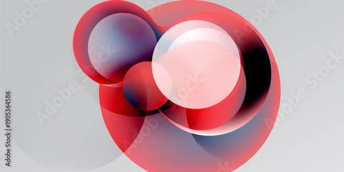 Abstract composition featuring overlapping translucent circles. Red hues dominate, contrasted by white, gray, black backgrounds. Modern design element.