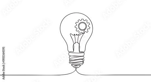 Minimalist continuous line drawing of a light bulb with a gear inside, symbolizing innovation, creative thinking, and problem-solving