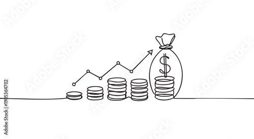 Continuous line drawing illustrates financial growth with an upward trending graph, increasing stacks of coins, and a money bag with a dollar sign, symbolizing investment success