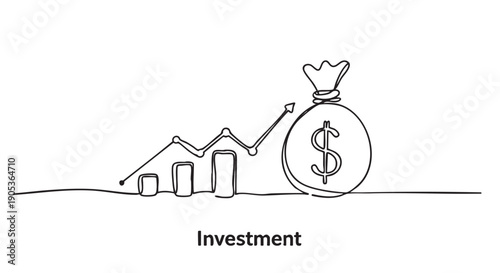 Continuous line drawing illustrates financial investment growth with a rising bar chart, an upward trending graph, and a dollar sign money bag, symbolizing increasing profit and success