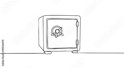 Simple black line art safe with a prominent combination dial and handle is depicted in a minimalist, continuous drawing style, conveying security and protection