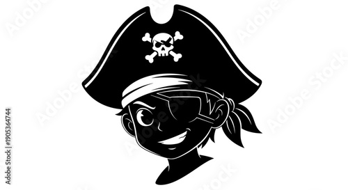 Silhouette of a cartoon pirate boy with eye patch and bandana.