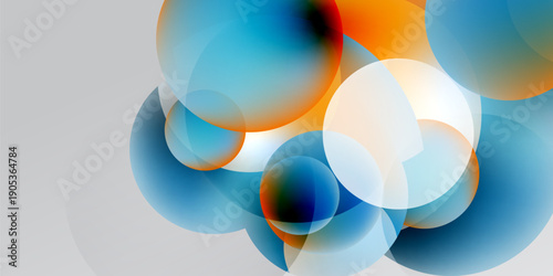 Abstract circles overlap, creating vibrant color blends. Blue, orange, white dominate dark background. Soft gradients present.