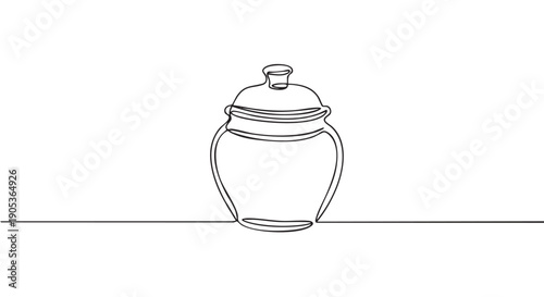 Minimalist continuous line drawing of a lidded jar, featuring a sleek, elegant silhouette and a decorative top, presented with artistic simplicity