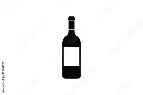 Wine bottle black and white silhouette, simple icon of alcoholic beverage container, label space included