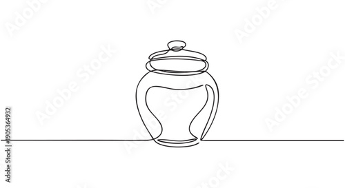 Minimalist continuous line drawing of a lidded jar, showcasing an elegant and simple artistic illustration with a smooth, flowing aesthetic