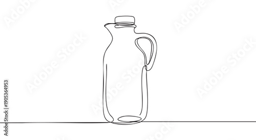 Minimalist continuous line drawing of a glass bottle with a handle and cap, rendered in a simple, elegant artistic style with clean black lines