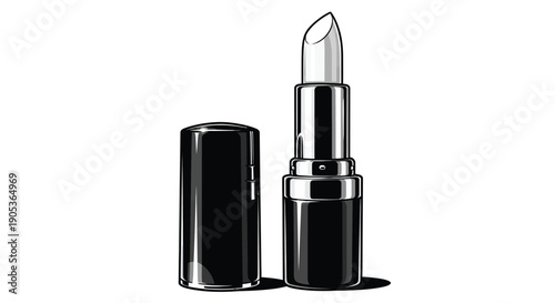 Clear lipstick in black tube with silver accents standing upright with cap off