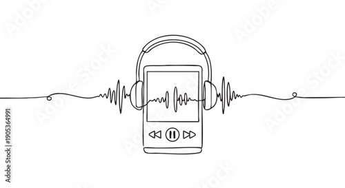Continuous line drawing of a music player with headphones and an audio waveform, featuring minimalist black and white hand-drawn style with playback controls