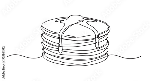 Stack of delicious pancakes with syrup drizzling down, rendered in a minimalist continuous single-line art style, creating a simple and elegant illustration