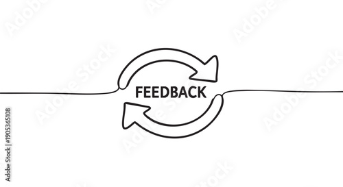 Continuous black line drawing feedback loop graphic with arrows encircles the word "FEEDBACK" in a clean, minimalist style, symbolizing communication and improvement