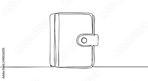 Simple continuous line drawing of a closed wallet or small notebook, featuring a minimalist black outline on a clean white field, presented in an artistic and elegant style