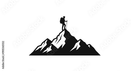 Silhouette of a hiker standing triumphantly on a mountain peak.