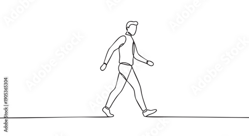 Continuous line art drawing of a man walking with a determined stride, depicted in a minimalist and modern style, symbolizing progress and movement