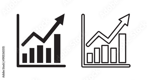 Business graphs and charts icons. Business statistics and analytics, charts diagrams, money, down or up arrow. graph growth silhouette icon set
