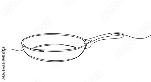 Minimalist continuous line art frying pan is depicted with a single flowing black stroke, showcasing its simple form and kitchen utility in a clean, modern illustration