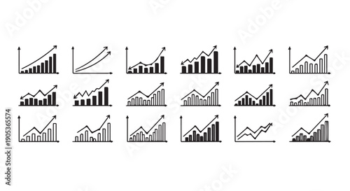 Business graphs and charts icons. Business statistics and analytics, charts diagrams, money, down or up arrow. graph growth silhouette icon set
