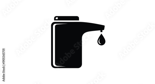 Black oil bottle with a single drop falling symbolizing leakage or pouring on a clean white background