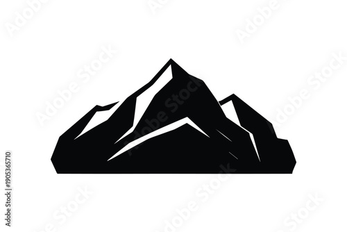 Black silhouette of a majestic mountain range with jagged peaks and snow on a white background