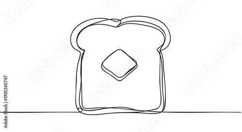 Single line art drawing of a slice of bread with a pat of butter, rendered in a minimalist and continuous stroke style, evoking simplicity and a fresh breakfast concept