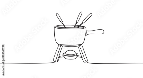 Continuous line art drawing of a fondue pot with three forks, elegantly depicted in a simple, minimalist style, showcasing a classic culinary experience