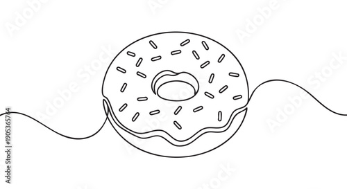 Minimalist continuous line drawing of a sweet donut with sprinkles, elegantly rendered in a simple black and white graphic style, showcasing a modern artistic approach