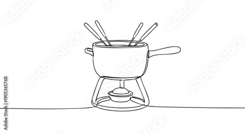 Continuous line drawing of a fondue pot with four forks, resting on its stand with a burner, depicted in a minimalist black and white illustration style