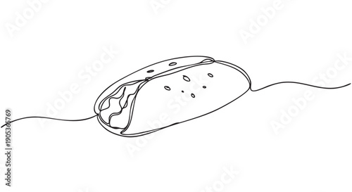 Minimalist continuous line drawing of a taco, rendered with elegant simplicity and a modern artistic flair, showcasing its iconic shape and delicious filling