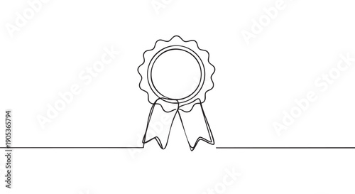 Continuous line drawing of a rosette ribbon award, elegantly rendered with a single flowing black stroke, symbolizing achievement and quality in a minimalist art style