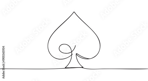 Minimalist continuous line art spade symbol, elegantly drawn with a single black stroke, representing card games and luck in a simple, modern style