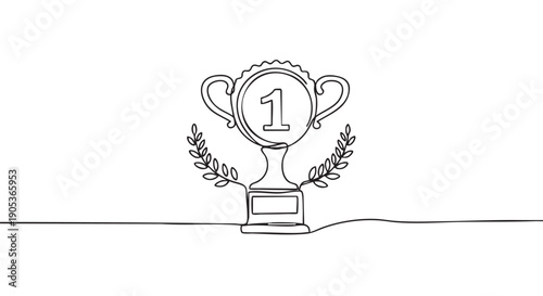 Continuous line drawing of a stylized trophy cup with the number one and laurel wreaths, symbolizing victory, success, and achievement in a minimalist art style