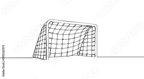 Minimalist continuous line art soccer goal with a detailed net is depicted in a clean, hand-drawn illustration style, emphasizing simplicity and graphic design
