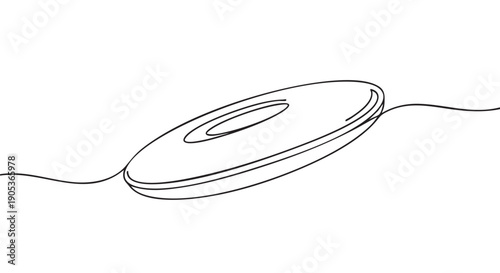 Minimalist continuous line drawing of a flying disc, depicted with elegant simplicity and a smooth, flowing artistic style, emphasizing its dynamic movement