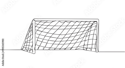 Continuous line drawing of a soccer goal with its net, rendered in a minimalist black and white artistic style, capturing the essence of the sport