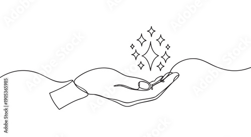 Minimalist continuous line drawing of a hand gently holding a cluster of sparkling star shapes, rendered with elegant simplicity and a clean aesthetic