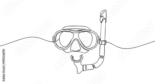 Continuous line art drawing of a snorkel mask and snorkel emerges from a wavy water line, rendered in a minimalist black and white illustration style