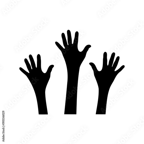 Three raised hands silhouette black and white illustration gesture