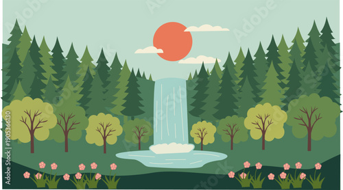 Flat illustration of a tranquil forest landscape
