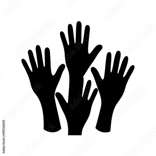 black silhouettes of multiple hands raised in the air