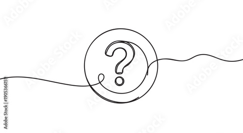 Continuous black line drawing of a question mark symbol inside a perfect circle, with the line extending horizontally in a wavy pattern, representing inquiry and uncertainty