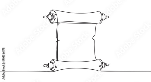 Simple continuous line art scroll with decorative finials is unrolled, presenting a blank space for text or design in a minimalist artistic style