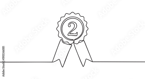Continuous line drawing of a second-place award ribbon featuring the number two inside a scalloped circular badge, rendered in a minimalist black and white illustration style