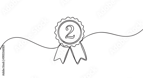 Continuous line drawing of a second place award ribbon with the number two, depicted in a minimalist black outline style with a flowing horizontal line