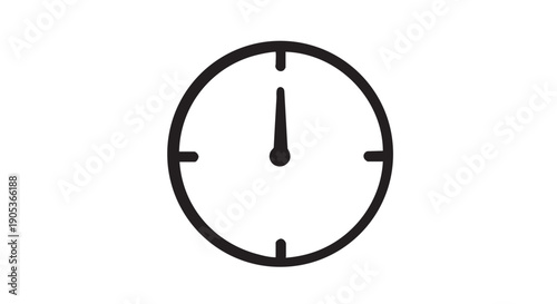 Simple black outline clock icon with a single hand pointing straight up to the twelve o'clock position, symbolizing time, deadlines, and punctuality in a clean, minimalist graphic style