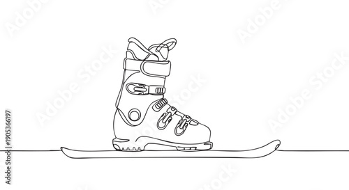 Single black line art ski boot stands firmly on a ski, depicted in a minimalist continuous drawing style with clean lines and simple form