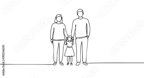 Continuous line drawing of a happy family, featuring a mother, father, and their young daughter holding hands, symbolizing unity and love in a minimalist art style
