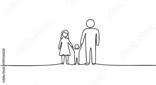 Continuous line drawing of a family with a father, mother, and child holding hands, depicted in a minimalist and abstract art style