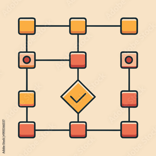 Stylized Logic Gates Forming an AI Flowchart with Decision Elements and Checkmark